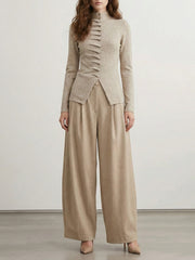 Long Sleeves Pleated Solid Color High Neck Pullovers