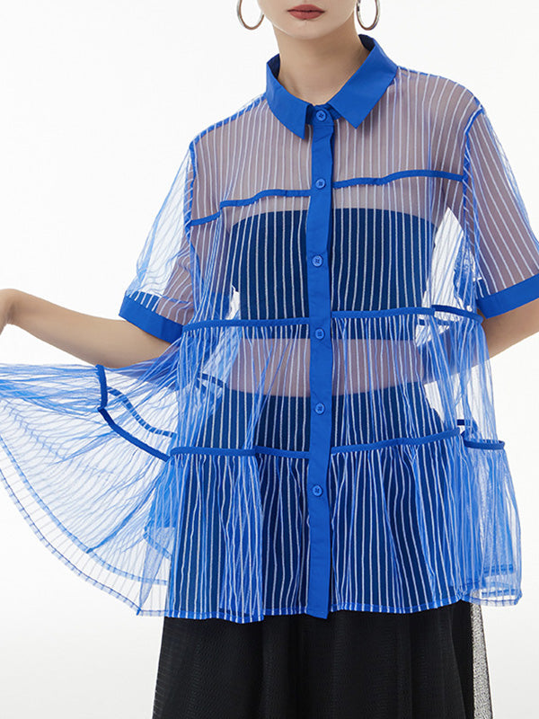 Original Short Sleeves Loose Buttoned Mesh Pleated Solid Color Blouses&Shirts Tops
