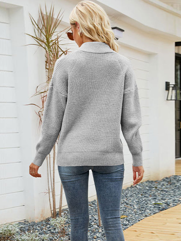 Stylish Loose Solid Color& Contrast Color Striped Lapel Collar Sweater Tops