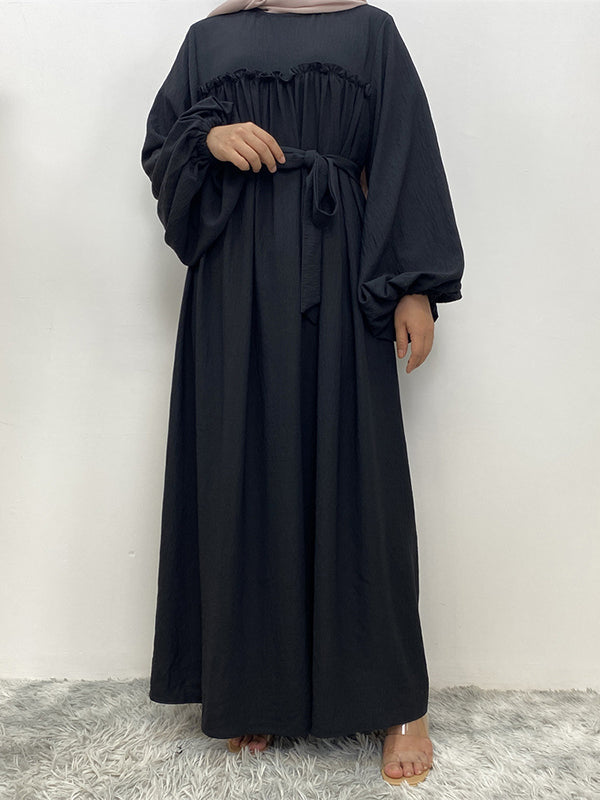 Elasticity Muslim Pleated Solid Color Split-Joint Tied Waist Bishop Sleeve Long Sleeves Round-Neck Maxi Dresses