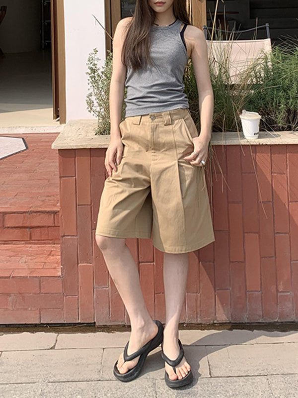 Pleated Solid Color High Waisted Loose Shorts Bottoms Half Pants