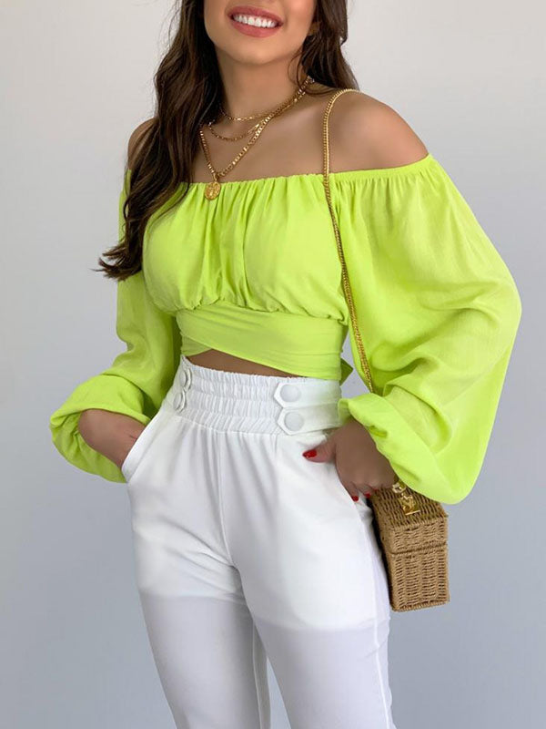 Elasticity Pleated Solid Color Long Sleeves Loose Off-the-shoulder Blouses