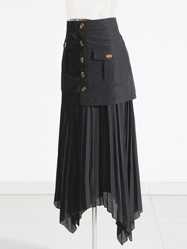 Asymmetric Buttoned Pleated Split-Joint Zipper A-Line Loose Skirts Bottoms