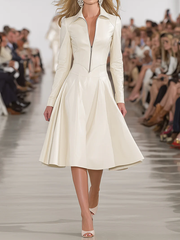 Long Sleeves Skinny Soft Zipper Lapel Midi Dresses
