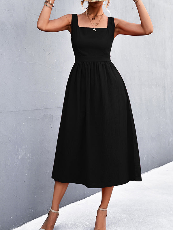 Pleated Solid Color Split-Joint High Waisted Sleeveless U-Neck Midi Dresses