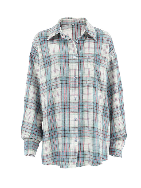 Buttoned Plaid Pockets Long Sleeves Loose Lapel Outerwear Blouses&Shirts Tops