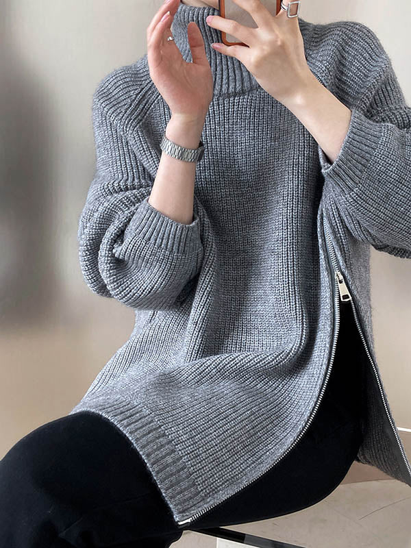 Split-Joint Split-Side Zipper Long Sleeves Loose High Neck Sweater Tops