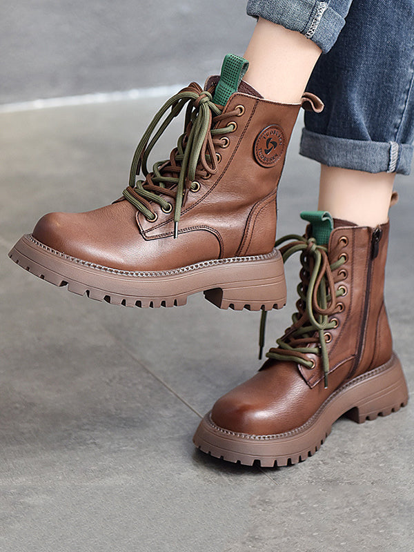 Muffin Heel Round-Toe Tied Zipper Boots