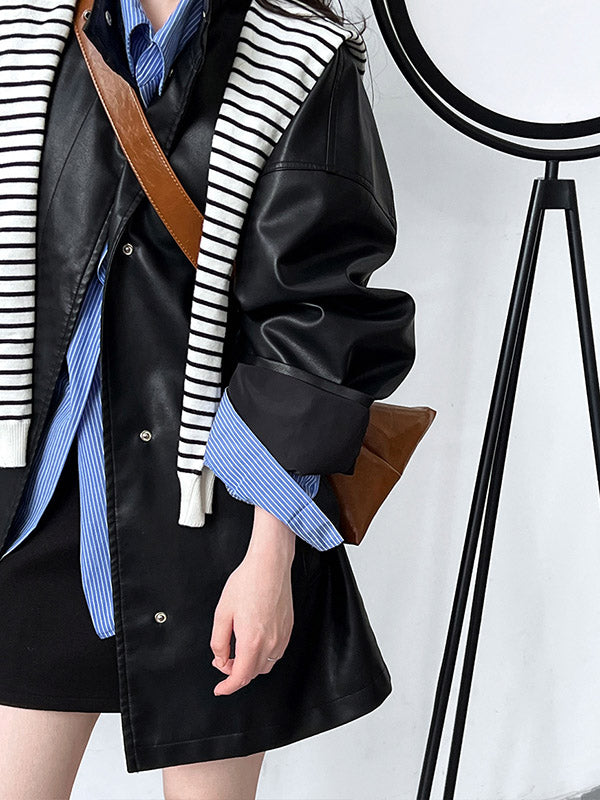 Buttoned Pockets Solid Color Long Sleeves Loose Stand Collar Outerwear