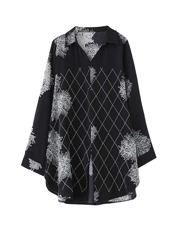 Buttoned Flower Print Pleated Split-front Long Sleeves Loose Lapel Blouses&shirts Tops