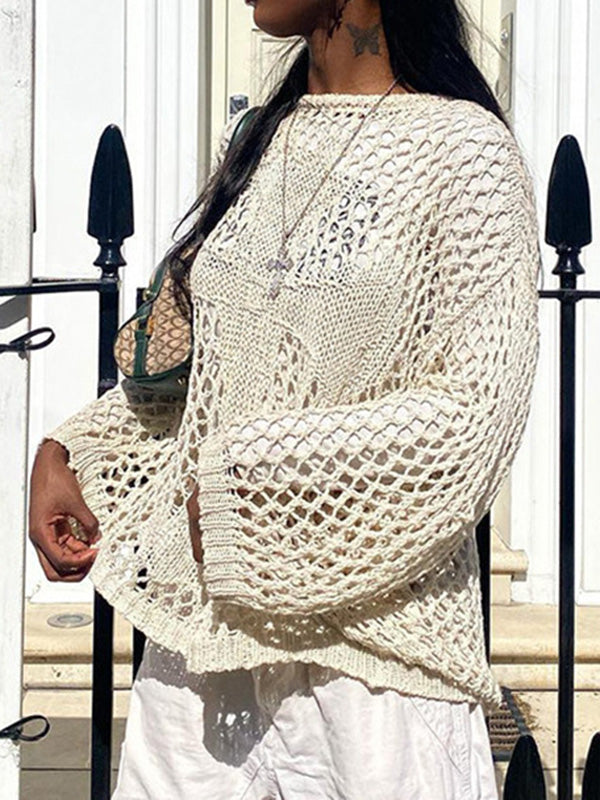 Hollow Solid Color Long Sleeves Loose Round-Neck Sweater Tops Pullovers Knitwear