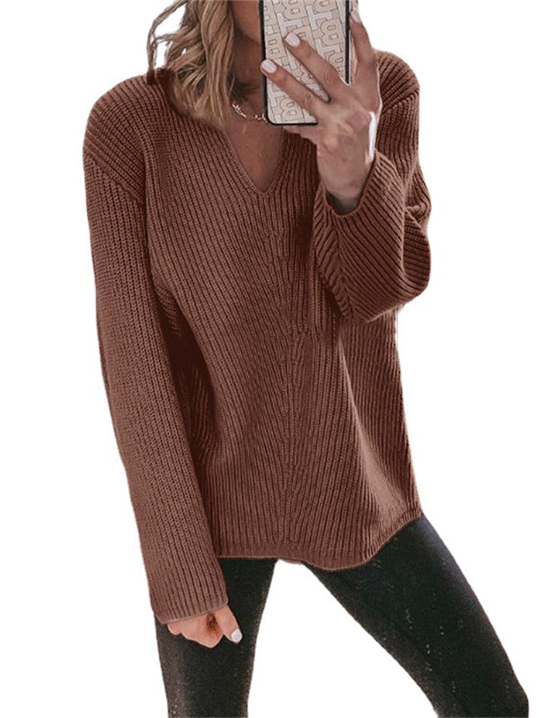 Casual Loose Solid Color V-Neck Sweater Tops
