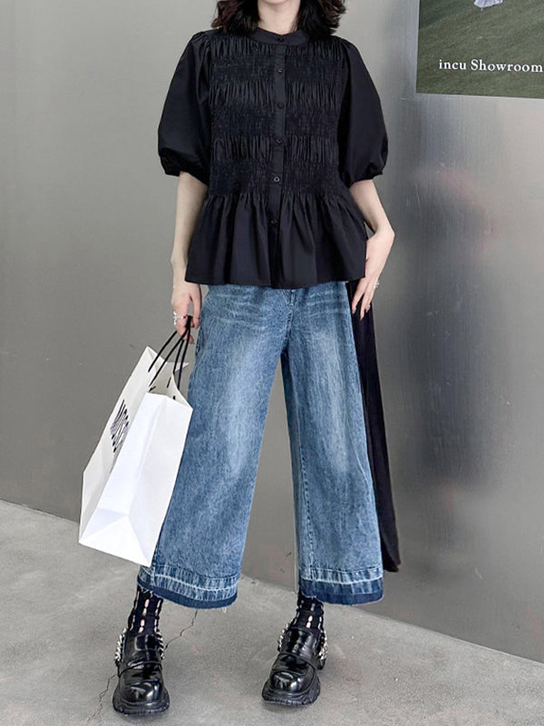 Contrast Color Pleated Split-Joint Loose Ninth Pants Jean Pants Bottoms