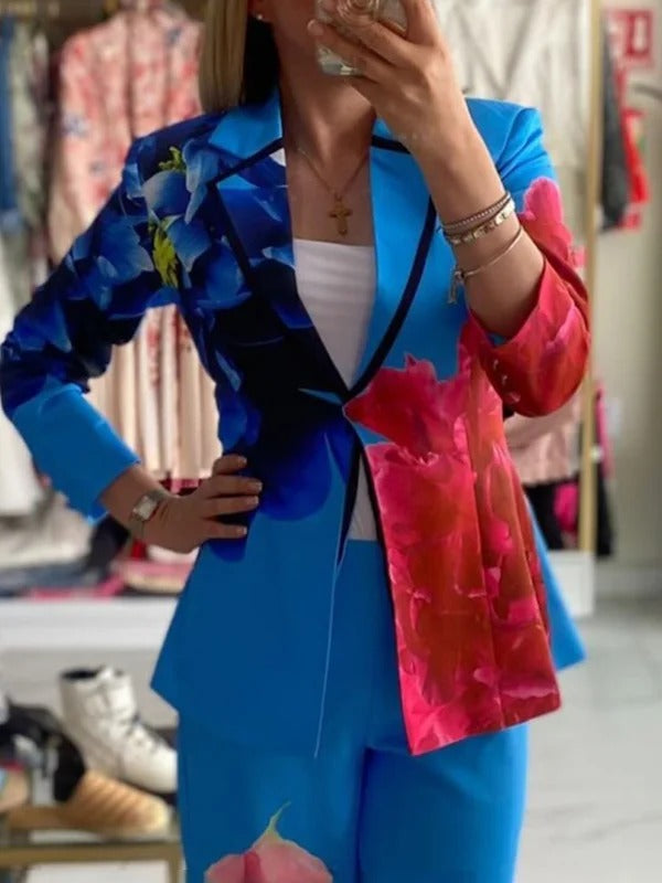 Asymmetric Floral Printed Split-Joint Long Sleeves Loose Lapel Outerwear Blazer Suits