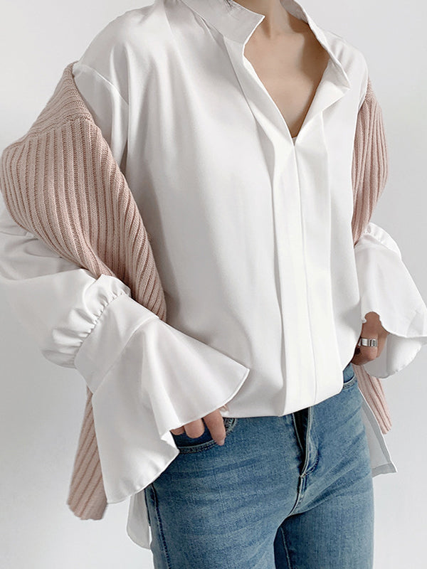 Solid Color Flared Sleeves High-low V-neck Blouses&shirts Tops