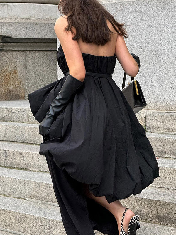 Elasticity Pleated Solid Color Split-Joint High-Low Sleeveless Tube Blouses&Shirts Tops