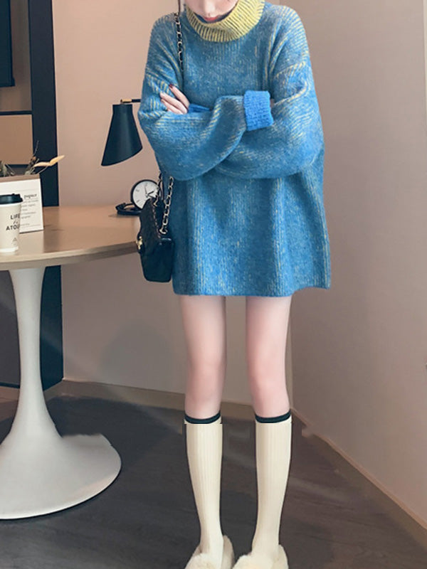 Original Loose Contrast Color High-Neck Long Sleeves Sweater Tops