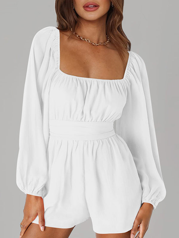 Backless Elasticity Solid Color Tied High Waisted Long Sleeves Square-Neck Rompers