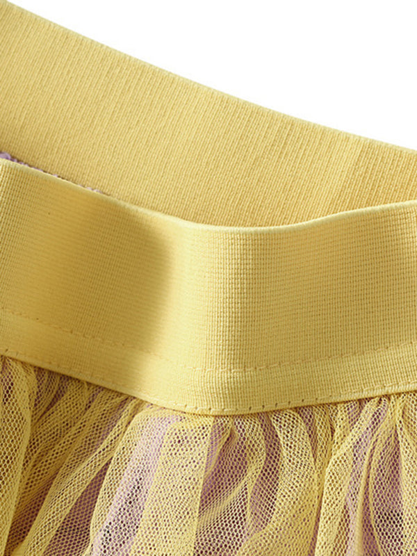 Contrast Color Elasticity Gauze Gradient Pleated Split-Joint Tiered A-Line High-Low Skirts