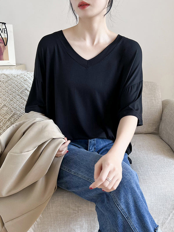 Solid Color Split-Joint Loose Short Sleeves V-neck T-Shirts Tops