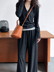 Buttoned Long Sleeves Hooded  T-Shirts Top + Vest Top + Wide Leg Drawstring Elasticity Pants Bottom Three Pieces Set