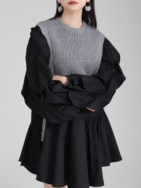 Ruffled Split-Joint Long Sleeves Loose Round-Neck Inner Mini Shirt Dress + Outer Vest Two Pieces Set