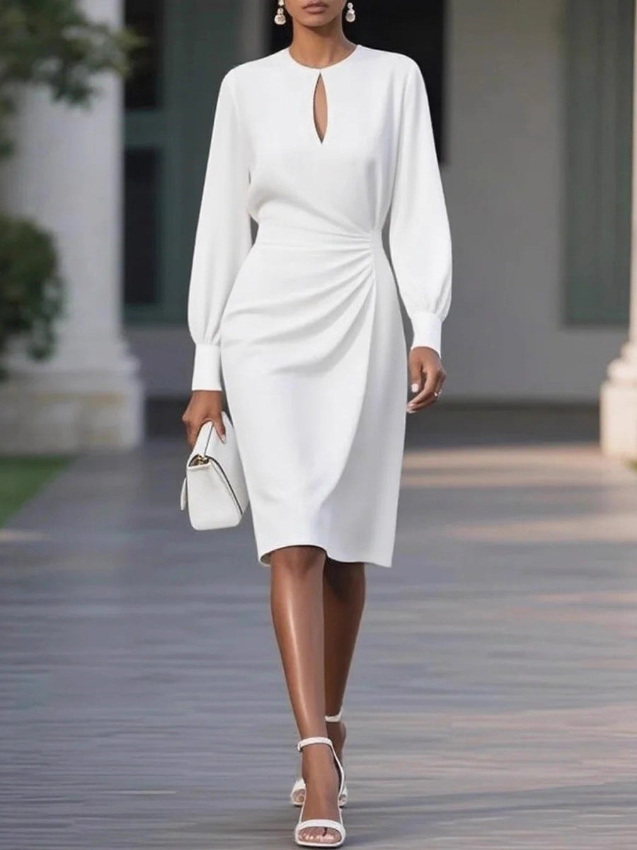 Hollow Pleated Solid Color Elasticated Waist High Waisted Round-Neck Midi Dresses