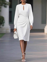 Hollow Pleated Solid Color Elasticated Waist High Waisted Round-Neck Midi Dresses