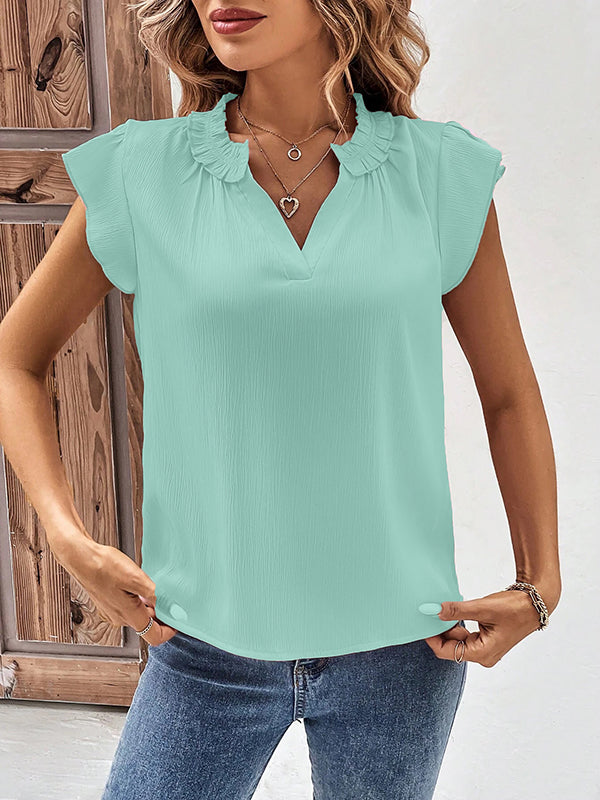 Pleated Solid Color Loose Ruffle Sleeves V-Neck T-Shirts Tops