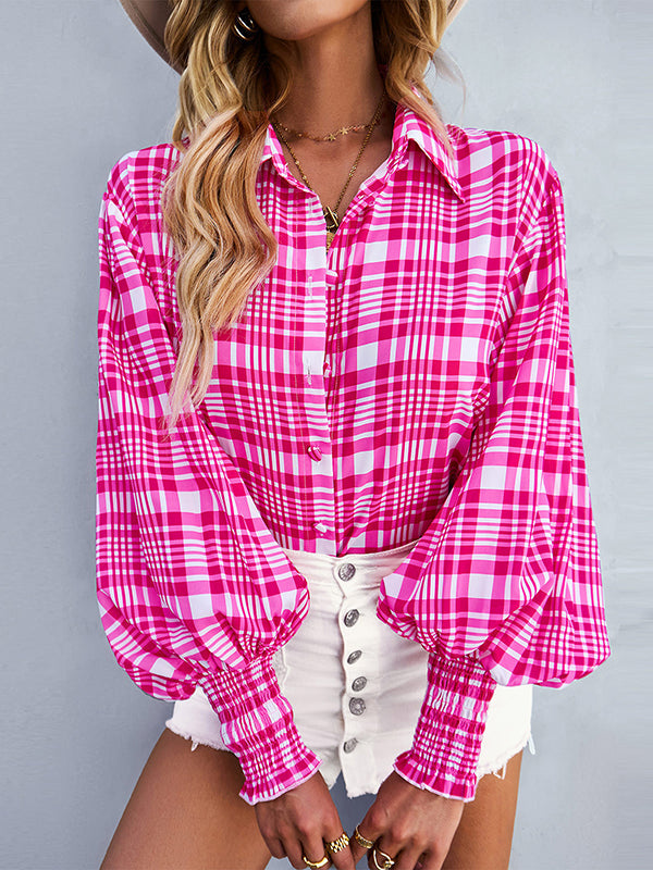Buttoned Contrast Color Elasticity Plaid Long Sleeves Loose Lapel Blouses&Shirts Tops