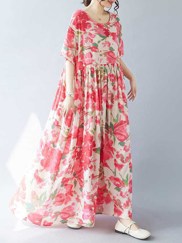Flower Print Pleated Split-Joint A-line Batwing Sleeves Round-neck Midi Dresses