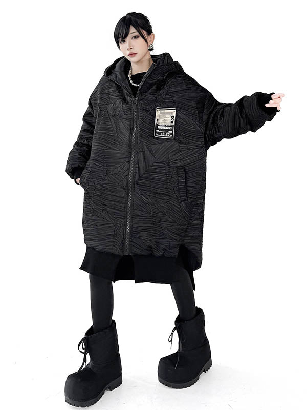 Abstract Printed Contrast Color Split-Joint Zipper High-Low Irregularity Hooded Overcoat Outerwear
