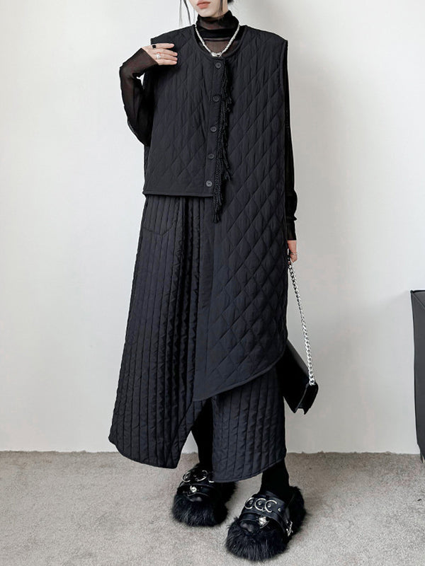 Asymmetric Buttoned Quilted Solid Color Tasseled Loose Sleeveless U-neck Padded Vest