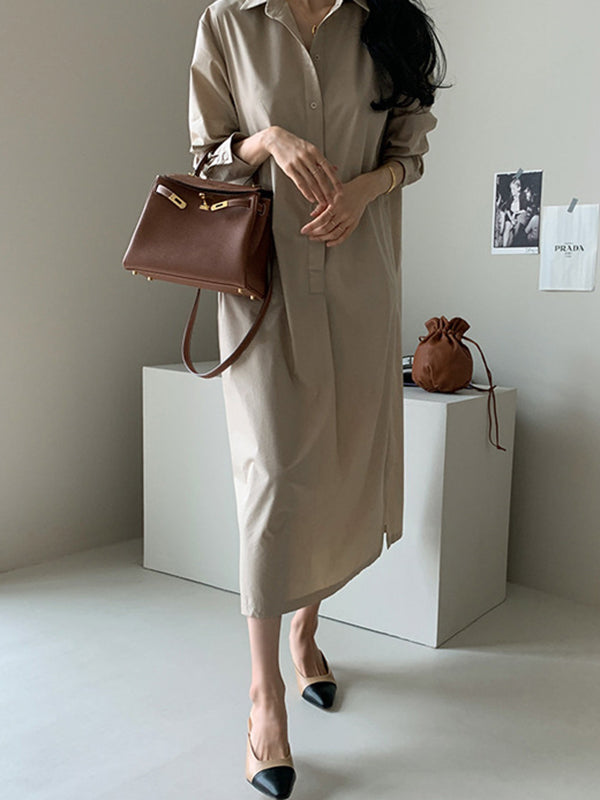 Casual 3 Colors Loose Split-Side Solid Color Midi Dress Shirt Dress