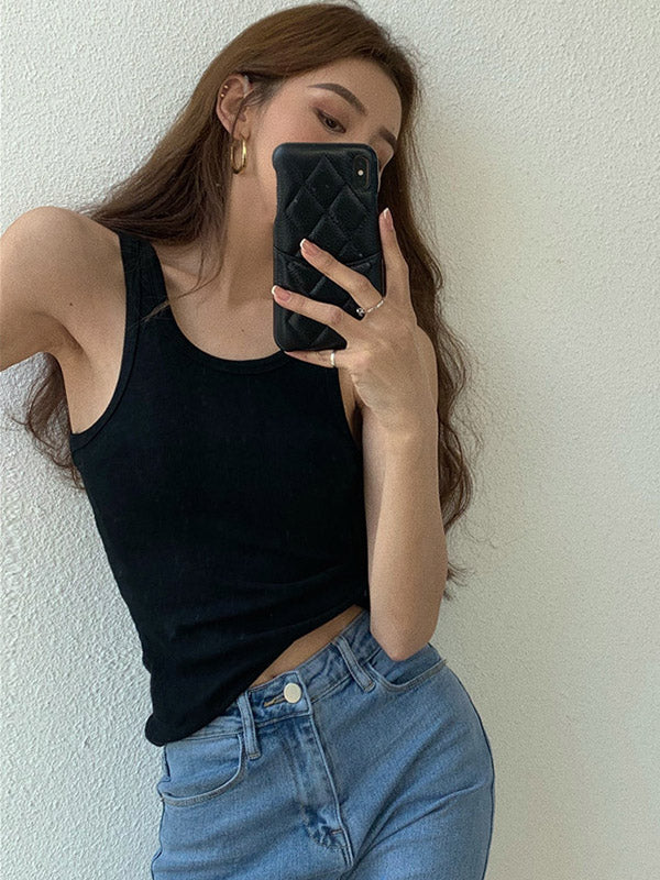 Original Solid Color Round-Neck Sleeveless Vest Tops