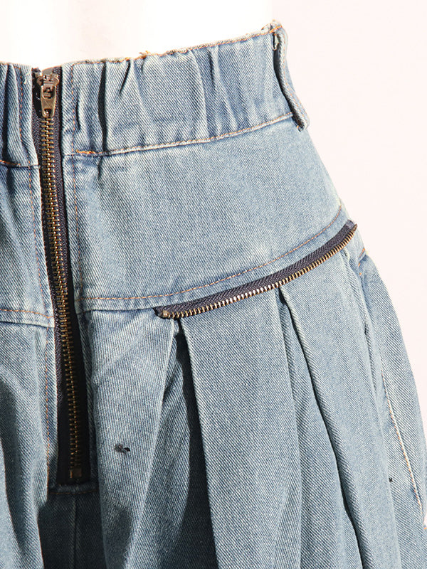Pleated Pockets Split-Joint Zipper Loose Wide Leg Jean Pants Bottoms