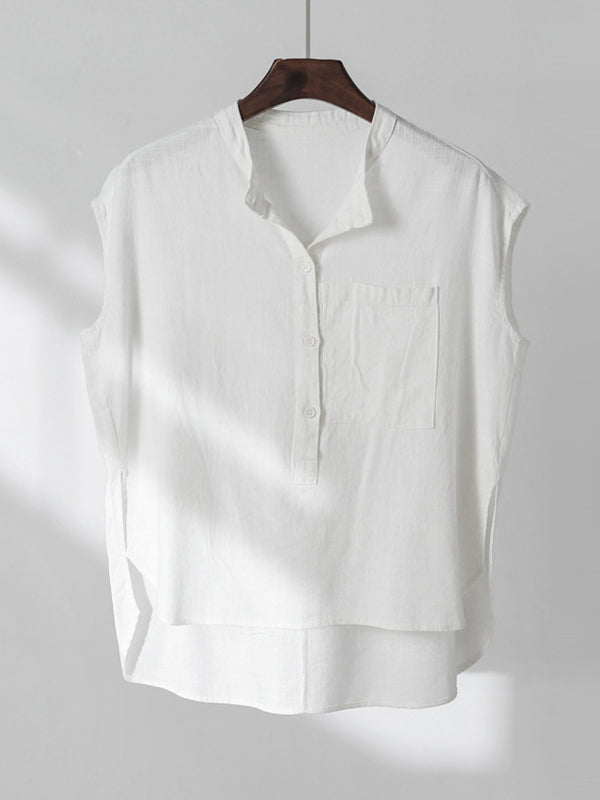 Solid Color Cap Sleeve High-Low Stand Collar Blouses&Shirts Tops