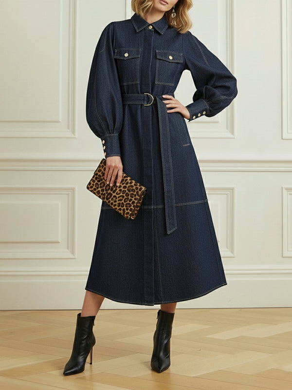 Puff Sleeves Belted Buttoned Pockets Split-Joint Lapel Midi Dresses