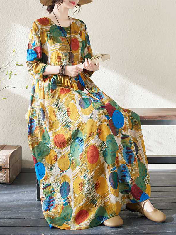 Pleated Polka-Dot Split-Joint A-Line Long Sleeves Round-Neck Maxi Dresses