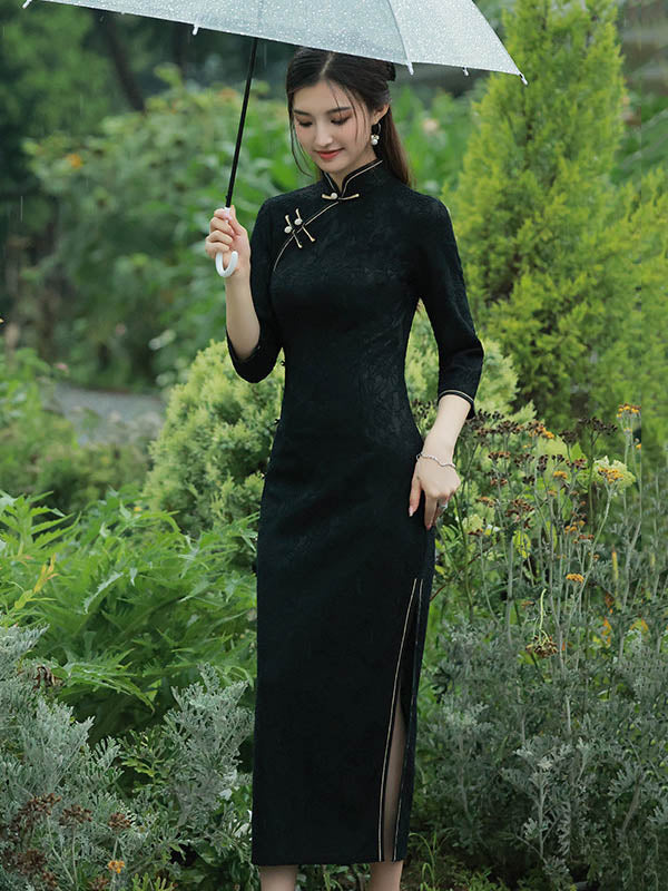 Vintage Split-Side Jacquard Long Cheongsam