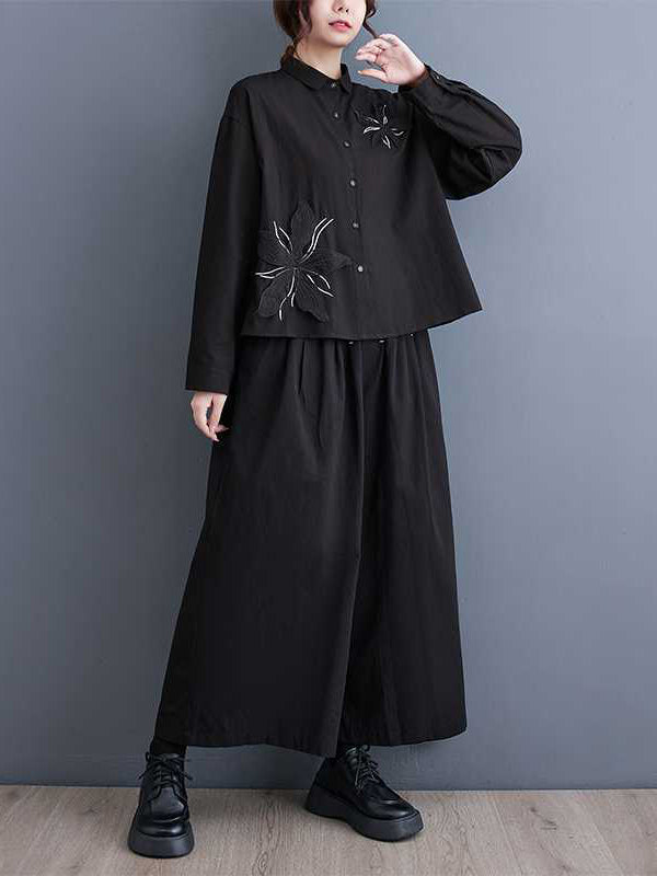 Applique Buttoned Embroidered Long Sleeves Loose Lapel Blouses&Shirts Tops