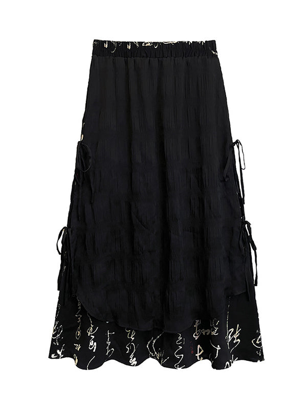 Elasticity Lace-Up Printed Split-Joint Streamer Tiered High Waisted Loose Lapel Skirts Bottoms