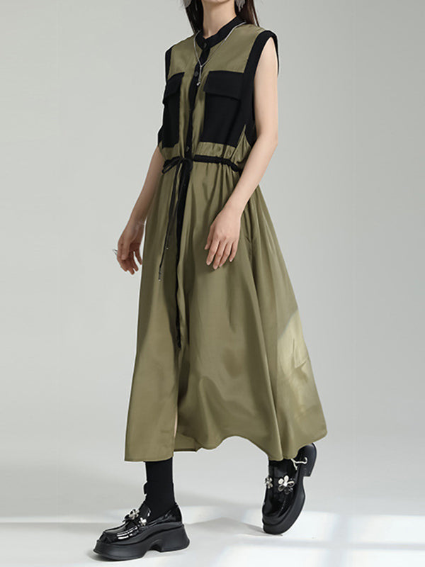 Contrast Color Drawstring Split-Joint Tied Waist Loose Sleeveless Round-Neck Midi Dresses