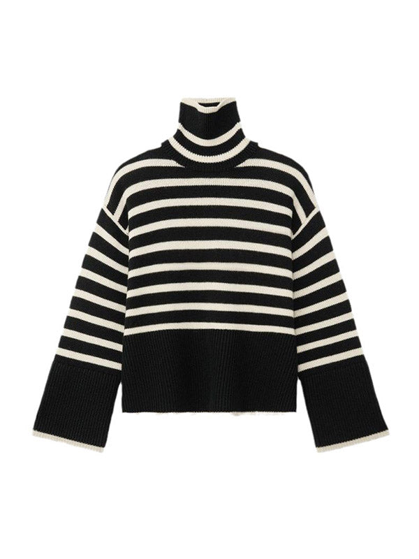 Contrast Color Pleated Split-Joint Split-Side Striped Patterns Long Sleeves Loose High Neck Sweater Tops