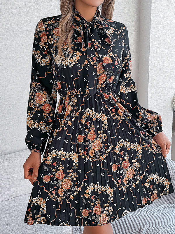 Elasticity Flower Print Pleated Tied Long Sleeves Loose Round-Neck Mini Dresses