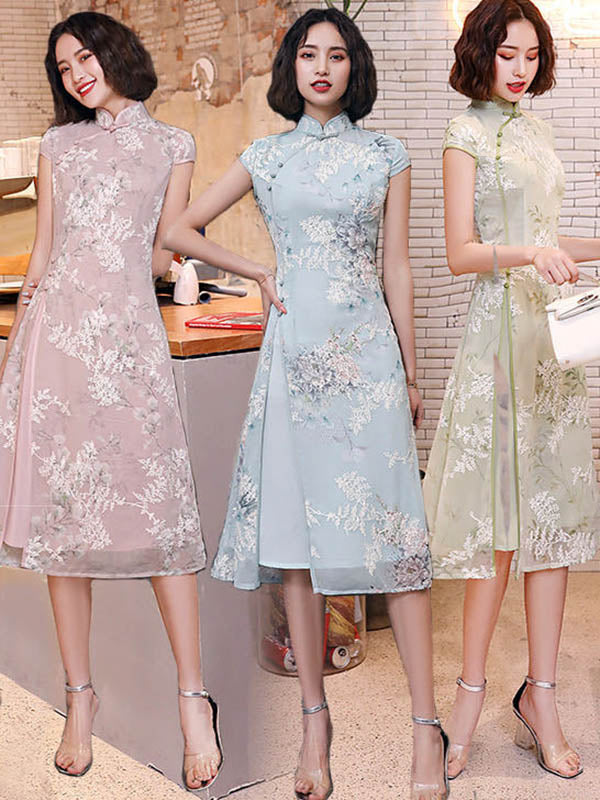 Original Applique Stand Collar Long Cheongsams