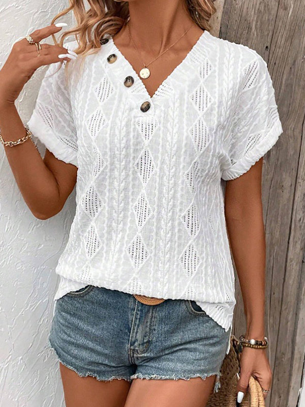 Buttoned Solid Color Loose Short Sleeves V-Neck T-Shirts Tops