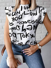Casual Cap Sleeve Loose Letter Print High-Neck T-Shirts Tops