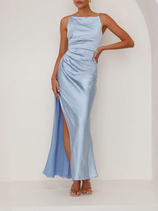 Pleated Solid Color Split-Joint Split-side Sleeveless Spaghetti-Neck Midi Dresses