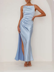 Pleated Solid Color Split-Joint Split-side Sleeveless Spaghetti-Neck Midi Dresses